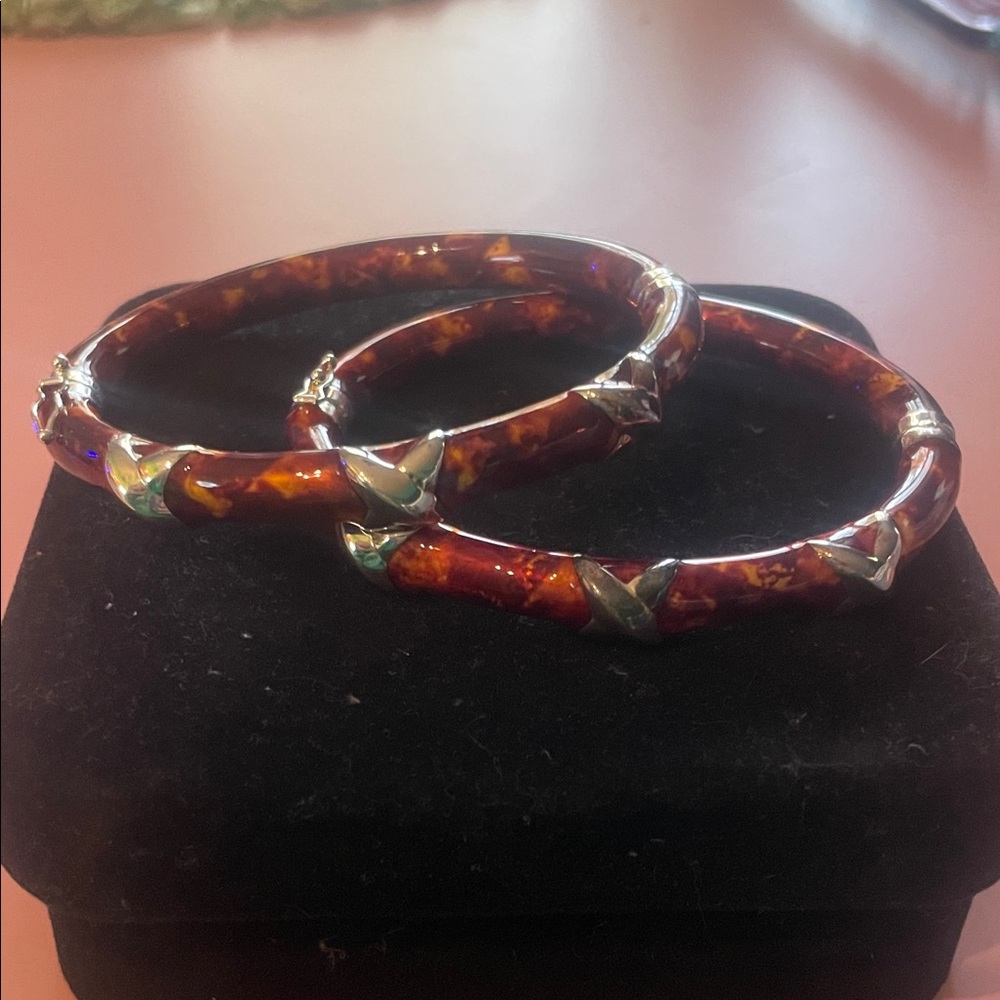 Milor of Italy 925 Silver Tortoise Shell Hinged Bangles Cuff Bracelet